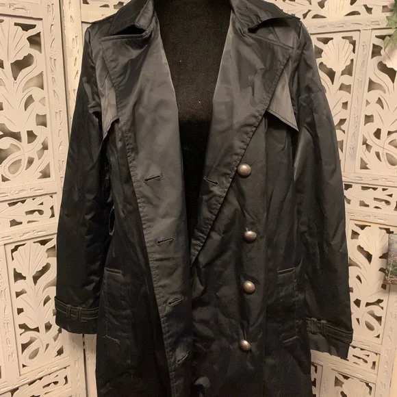 MOSSIMO SUPER NICE SHINY BLACK BUTTON UP LONG SLEEVE LONG COAT - Picture 7 of 9